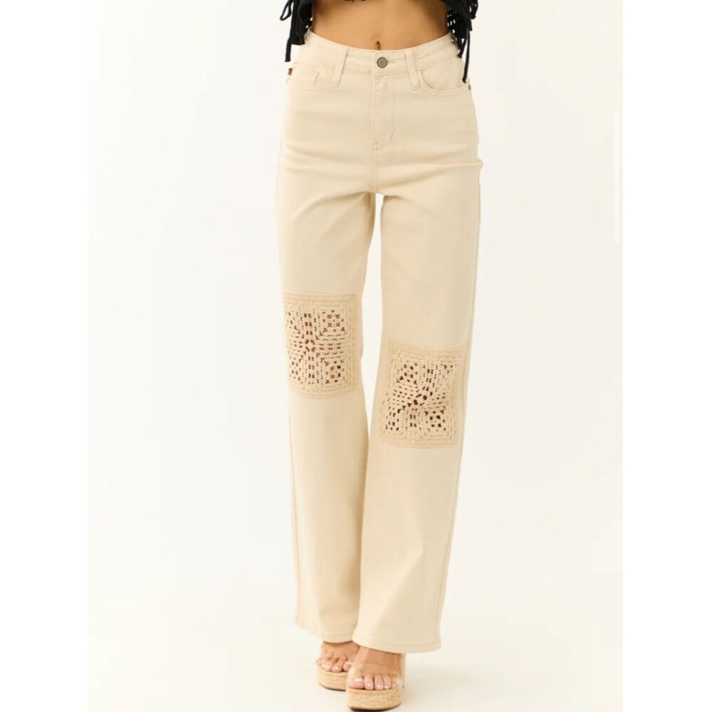JUDY BLUE High Rise Vanilla Cream Crochet Patch Wide Leg Jeans.